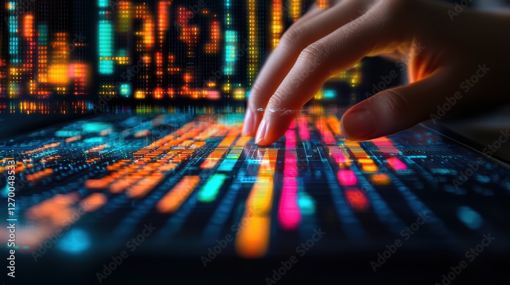 Fototapeta premium Hyper-Realistic Professional Touch on Digital Interface with Colorful Visual Elements and Dynamic Patterns
