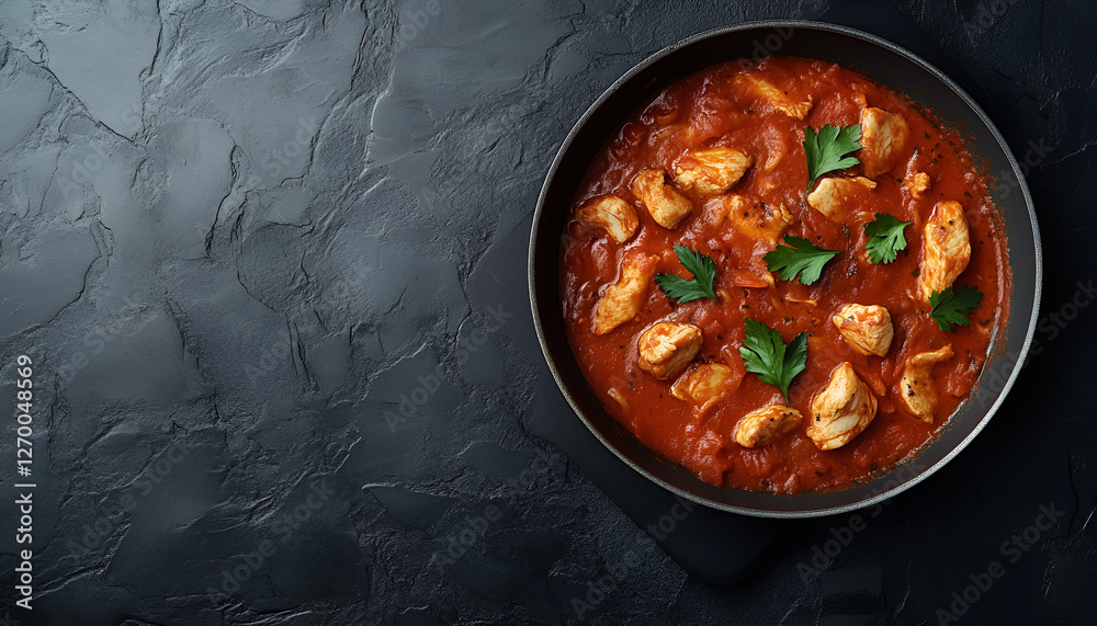 Spaghetti pasta in tomato sauce with chicken, parsley in pan. Chicken spaghetti pasta over black stone background with copy space, italian food Spaghetti pasta in tomato sauce with chicken, parsley in pan. Chicken spaghetti pasta over black stone background with copy space, italian food