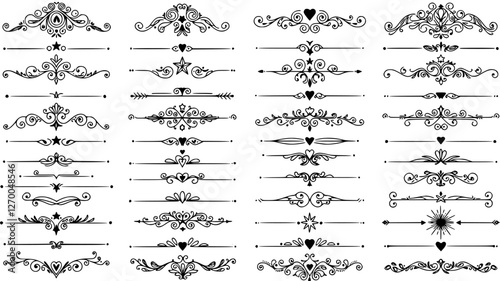 ornamental text divider, elegant border design elements, perfect for web, page decoration, invitations, cards. Vintage style, monochromatic, vector set. Unique, intricate swirls, curls, shapes