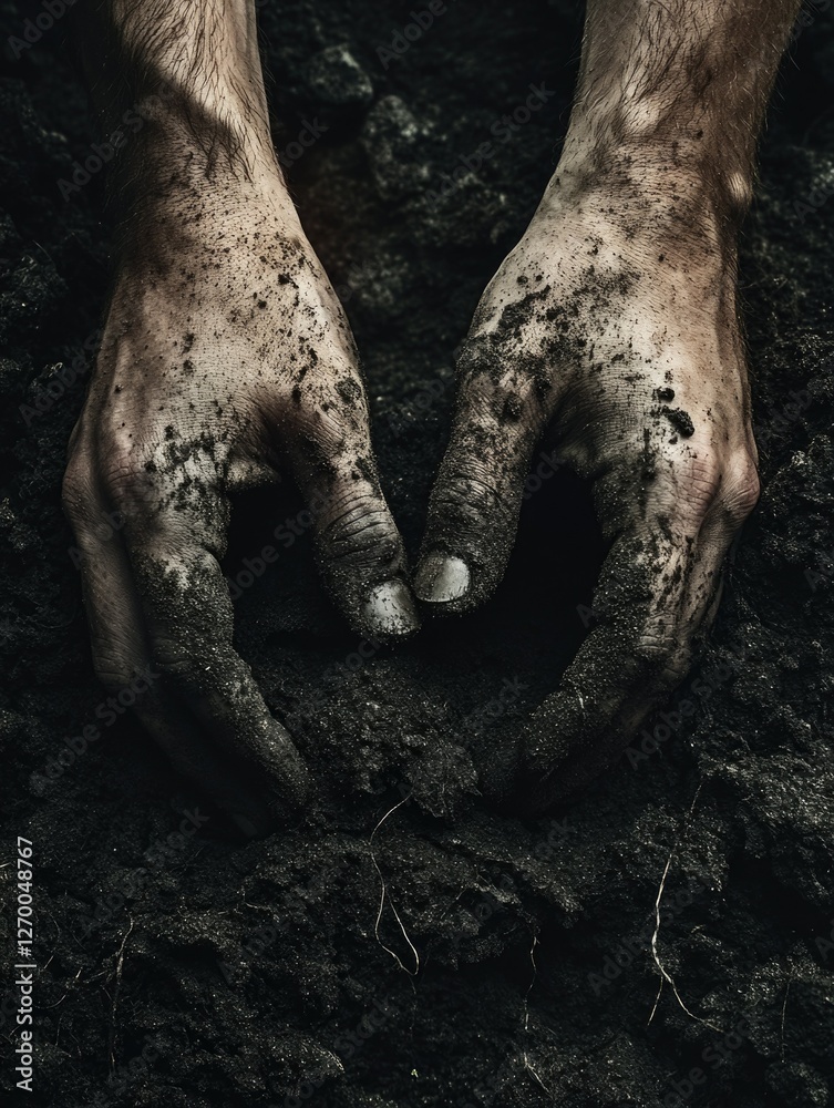 Handful of soil amidst dirt field, person working in muddy garden with tools. Handful of soil amidst dirt field, person working in muddy garden with tools.