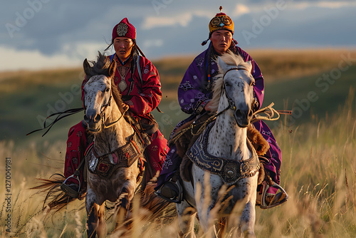 mongolian horse riders, two mongolian men on horseback, one in red and the other in purple, riding in a grassy field, captured in a photographic style
