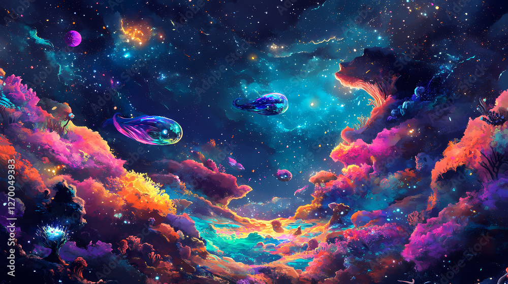 Intergalactic coral reef with luminous alien sea creatures swimming through cosmic starfields. Underwater Starfields. Illustration Intergalactic coral reef with luminous alien sea creatures swimming through cosmic starfields. Underwater Starfields. Illustration