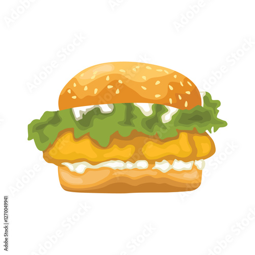 Vector illustration of hamburger in cartoon flat style. Burger or sandwich ingredients set. Cartoon restaurant food menu with tasty beef cutlet and chorizo bacon, slices of cheddar, and vegetables