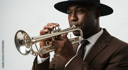 Jazz Trumpeter: Soulful Music Man in Brown Suit & Fedora Plays Horn - Portrait of Passion & Artistry photo