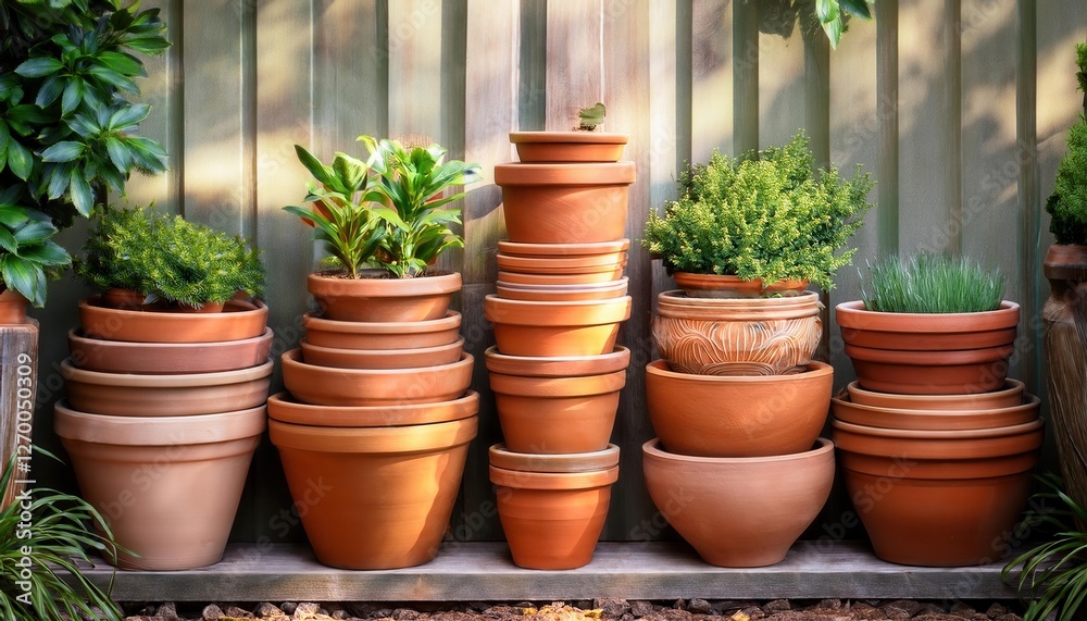 Elegant Clay Pots Stacked in a Cozy Gardening Corner Elegant Clay Pots Stacked in a Cozy Gardening Corner