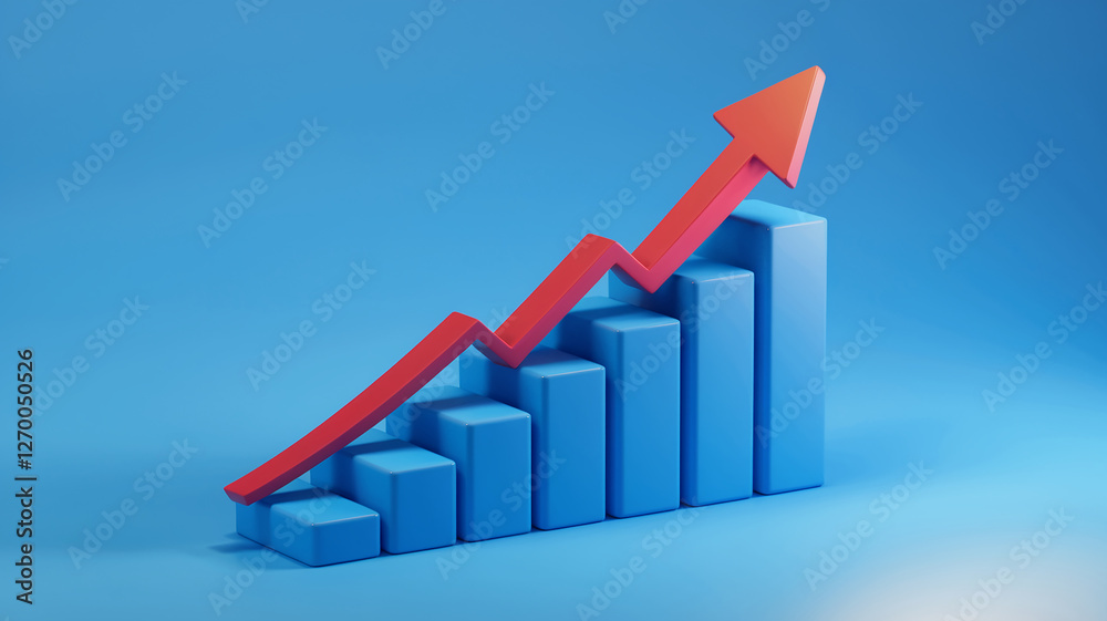 A 3D graphic showcasing a red upward arrow growing over a blue bar graph, symbolizing business growth, financial success, progress, and increasing performance in analytics. A 3D graphic showcasing a red upward arrow growing over a blue bar graph, symbolizing business growth, financial success, progress, and increasing performance in analytics.