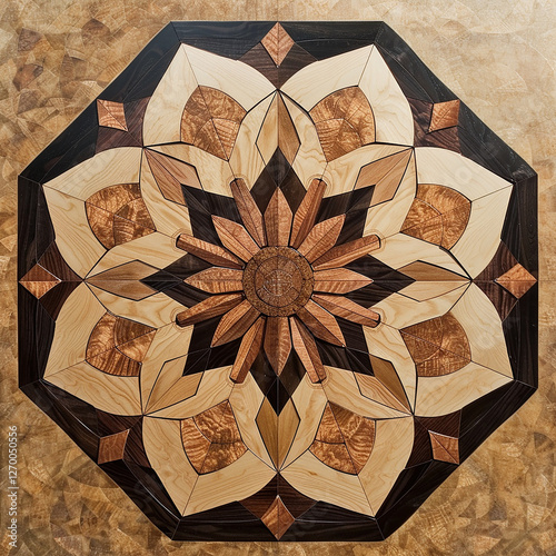 AI generated kaleidoscope created with varying tones of brown wooden pieces.