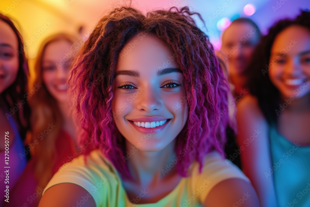 Naklejka premium Young developer enjoying vibrant selfie with friends at a colorful indoor location