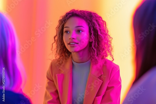 Young playwright engages in vibrant discussion with peers in colorful setting