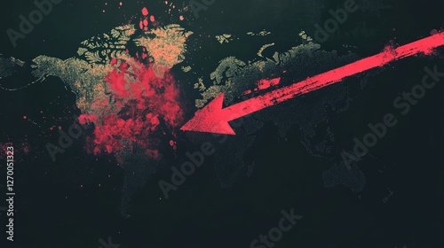 Dark financial backdrop with a bold red downward arrow slashing through a world map, signifying economic recession and falling globalization