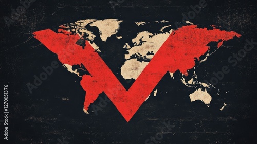 Dark financial backdrop with a bold red downward arrow slashing through a world map, signifying economic recession and falling globalization