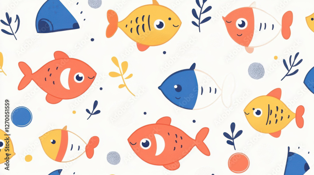 Obraz premium Bright, fun cartoon fish pattern features unique textures and bold colors, perfect for playful designs and creative projects.