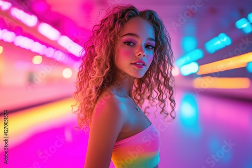 Participants enjoy a lively ice skating workshop illuminated by vibrant, colorful lights