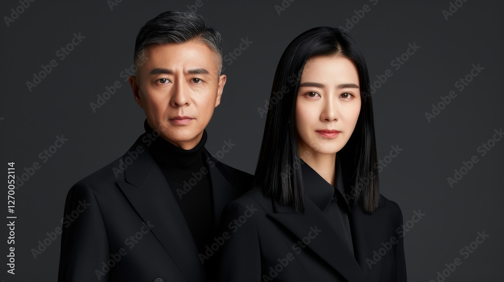 A joyful Asian couple in midlife beaming at the camera, radiating warmth and happiness against a plain background. A joyful Asian couple in midlife beaming at the camera, radiating warmth and happiness against a plain background.
