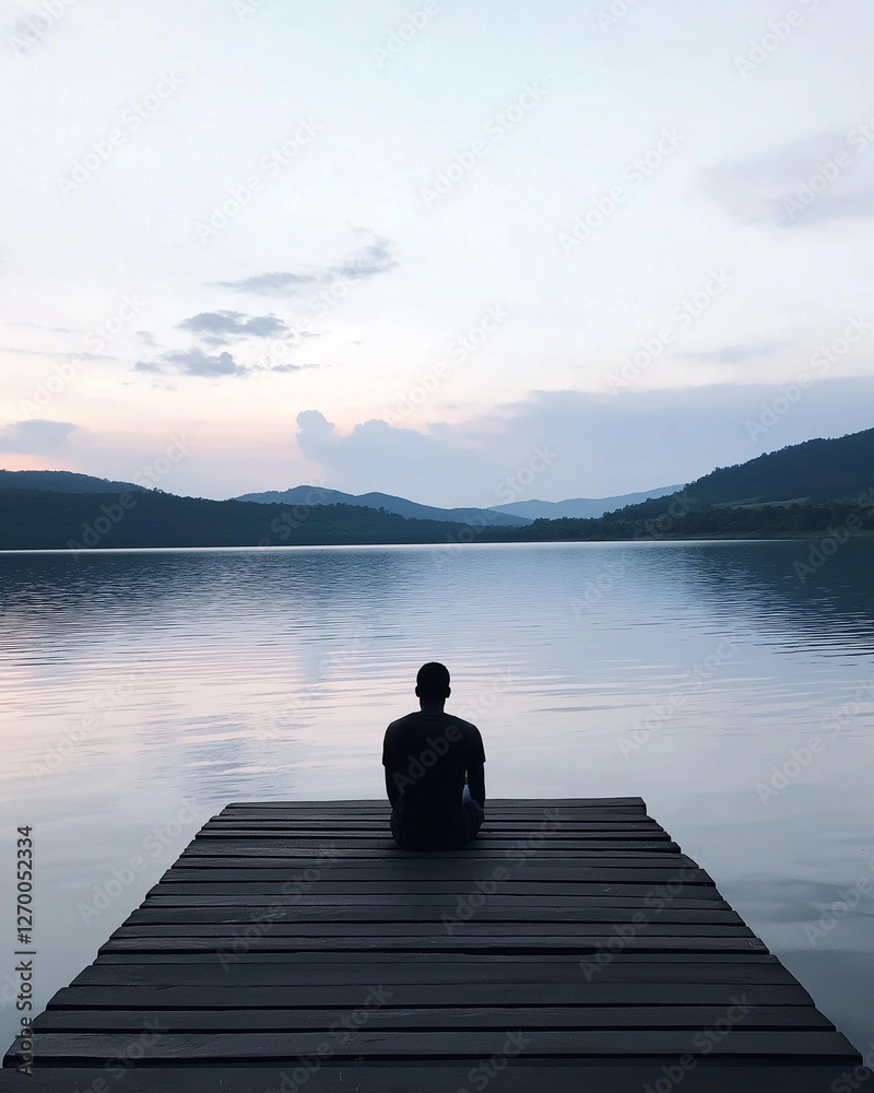 Silhouette of a man on a tranquil lake. Silhouette of a man on a tranquil lake.