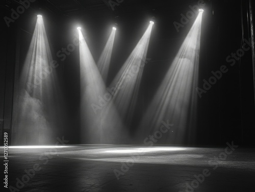 Bright stage lights creating a dramatic atmosphere on an empty stage.