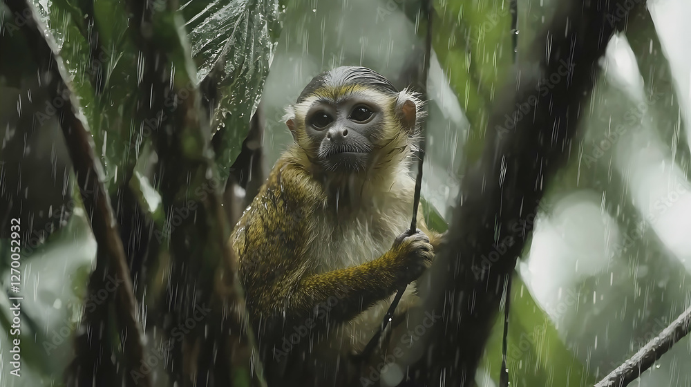 Obraz premium Rainforest Monkey, Wet Fur, Tropical Tree, Downpour, Wildlife Conservation