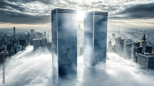 Twin Towers above New York City cloudscape, sunrise, aerial view, remembrance photo