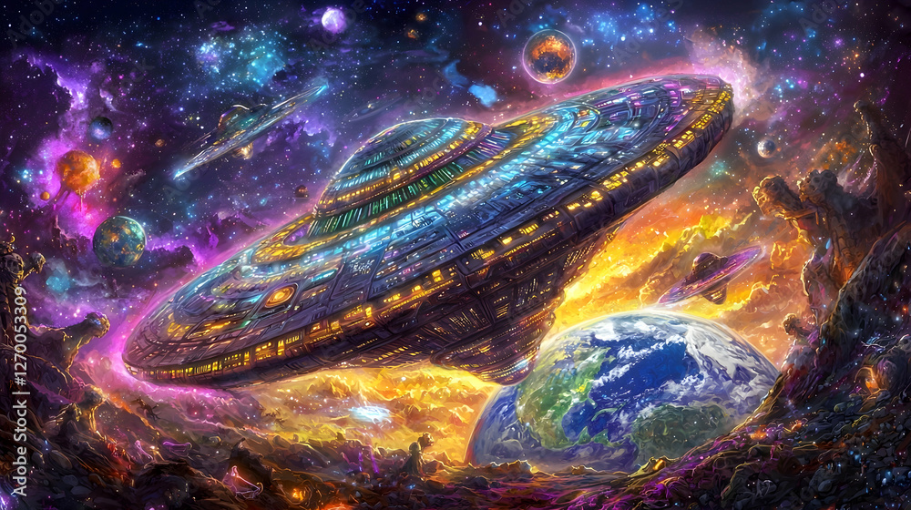 Obraz premium Cosmic Mothership Orbits Earth Amidst Nebula & Alien Craft