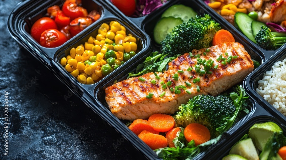 Healthy boxed dinners with colorful vegetables and lean proteins. Healthy boxed dinners with colorful vegetables and lean proteins.