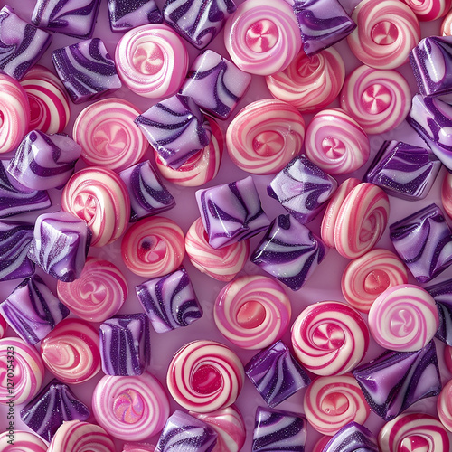 Flat lay image of pink and purple swirled hard candy spread out in a single layer on a countertop.