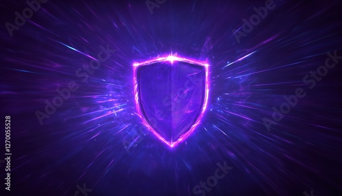 Vibrant purple shield with glowing particles and light effects.