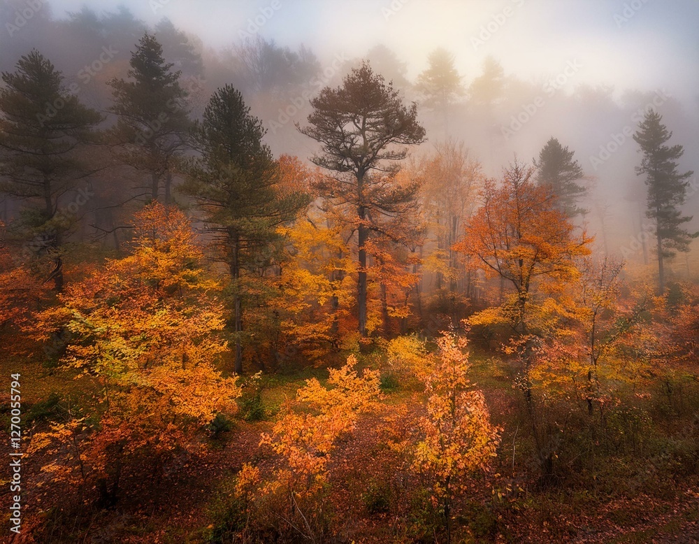 Fototapeta premium Generated image Serene landscape of a misty autumn forest with vibrant orange and yellow trees