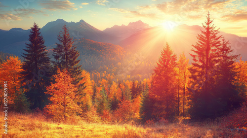 Golden wheat fields in a sunlit valley with distant mountains, rural farmhouses, and autumn trees, capturing the essence of harvest season, nature's beauty, and agricultural tranquility
