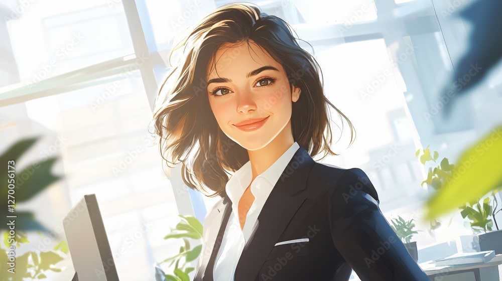illustration of a smiling businesswoman in a dark suit and white blouse, with a bright, modern office in the background. illustration of a smiling businesswoman in a dark suit and white blouse, with a bright, modern office in the background.