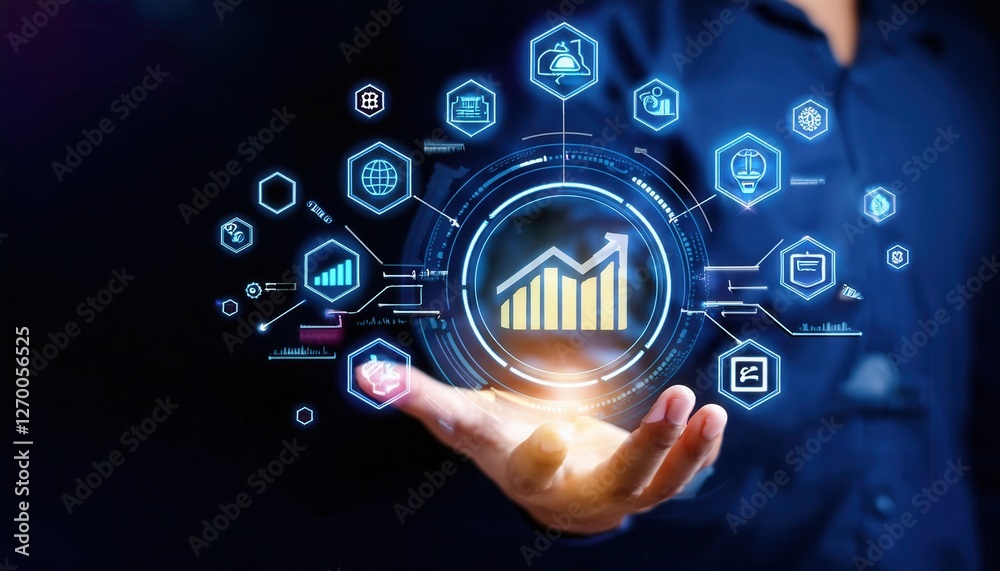 Hand holding digital icons for risk management and assessment on a dark background symboliz