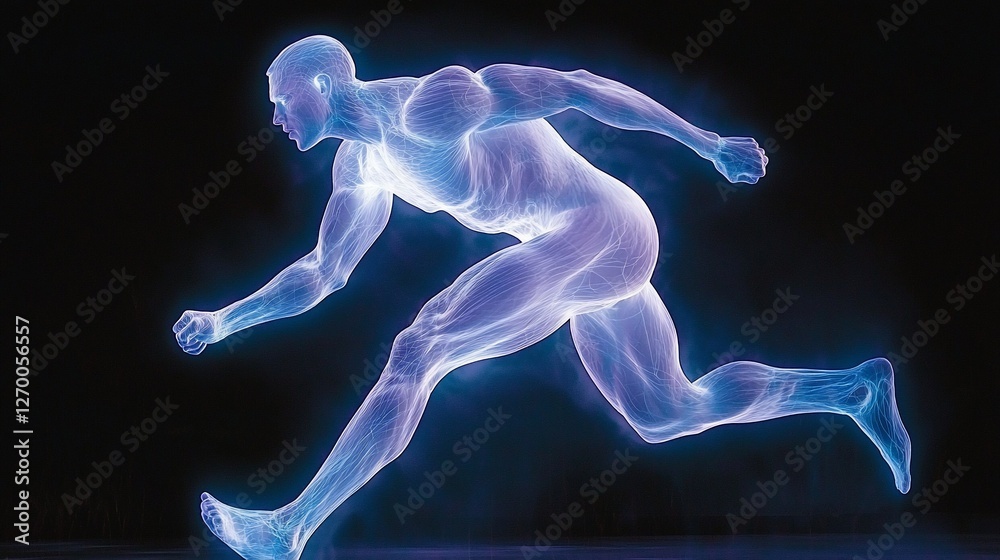 Obraz premium Glowing anatomical figure running, showcasing musculature and movement.