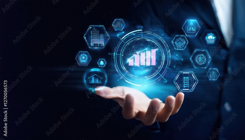 Hand holding digital icons for risk management and assessment on a dark background symboliz Hand holding digital icons for risk management and assessment on a dark background symboliz