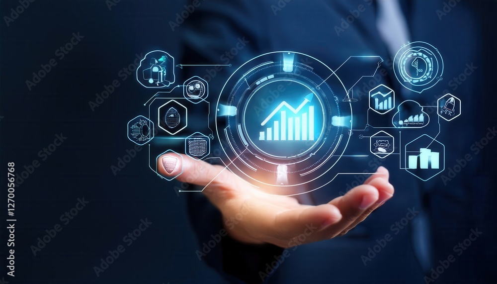 Hand holding digital icons for risk management and assessment on a dark background symboliz Hand holding digital icons for risk management and assessment on a dark background symboliz