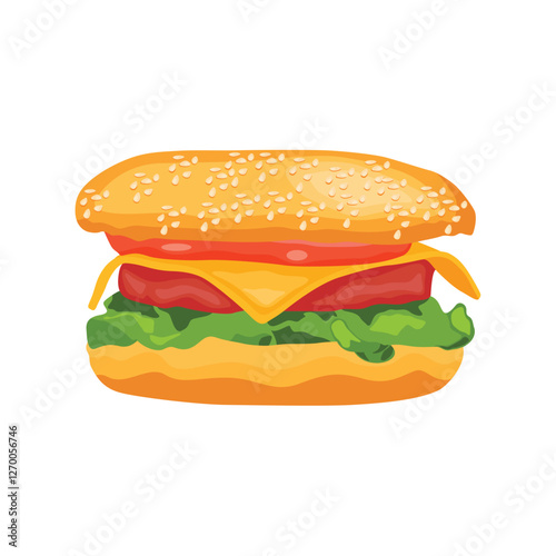 Vector illustration of hamburger in cartoon flat style. Burger or sandwich ingredients set. Cartoon restaurant food menu with tasty beef cutlet and chorizo bacon, slices of cheddar, and vegetables
