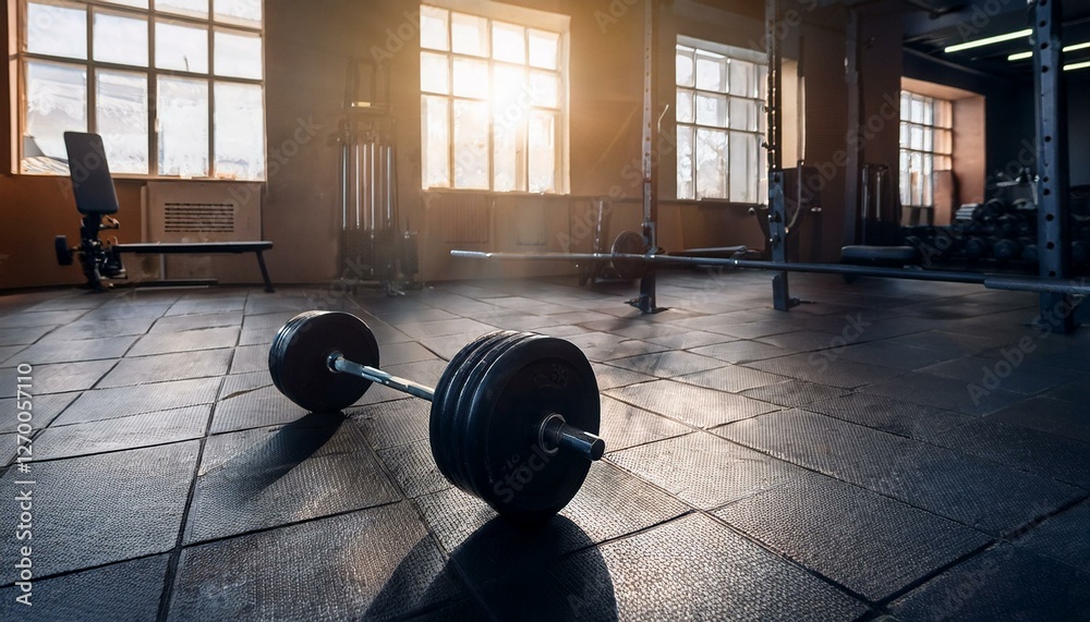 Naklejka premium Generated image siłownia, sala sportowa i ciężary, leżąca sztanga z ciężarami na podłodze hali sportowej