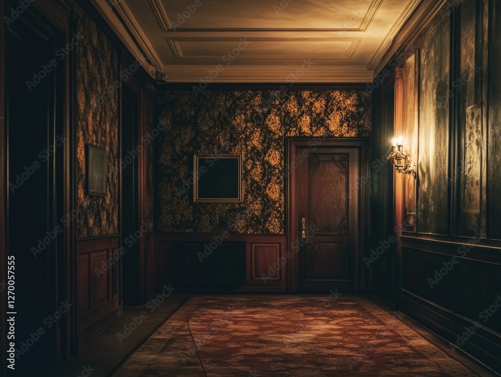 A luxurious, dimly lit hallway with a high ceiling and ornate wallpaper. Vintage furnishings suggest an opulent past. A luxurious, dimly lit hallway with a high ceiling and ornate wallpaper. Vintage furnishings suggest an opulent past.