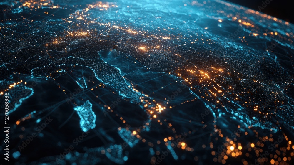 Fototapeta premium Global economy network visualization, interconnected shipping lanes linking continents, futuristic trade and business logistics