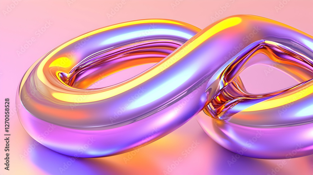 Iridescent infinity loop abstract 3D render on pink background, for design concepts Iridescent infinity loop abstract 3D render on pink background, for design concepts