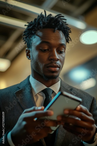 A modern young man engrossed in his phone, wearing a suit and tie.