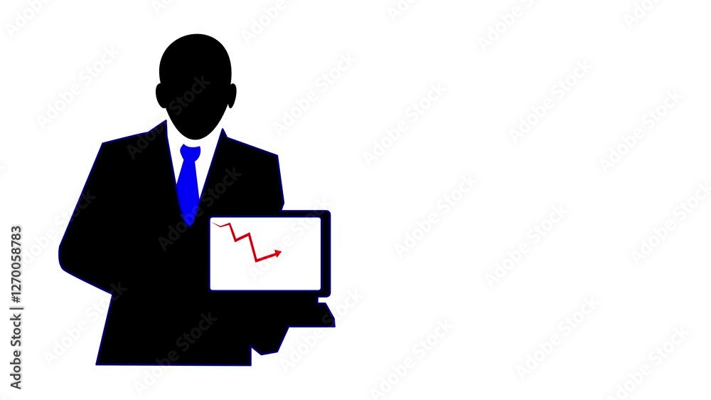 Businessman holding laptop and showing graph display going down and graph going up. Simple animation with copy space is suitable for video elements about business or education. Businessman holding laptop and showing graph display going down and graph going up. Simple animation with copy space is suitable for video elements about business or education.
