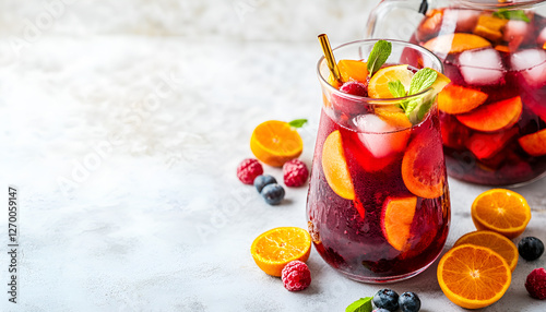 Red wine sangria or punch with fruits and ice in glasses and pitcher. Homemade refreshing fruit sangria on white background, copy space