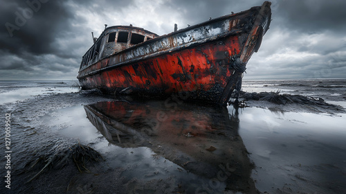Rusty shipwreck on tidal flats under stormy sky, coastal landscape