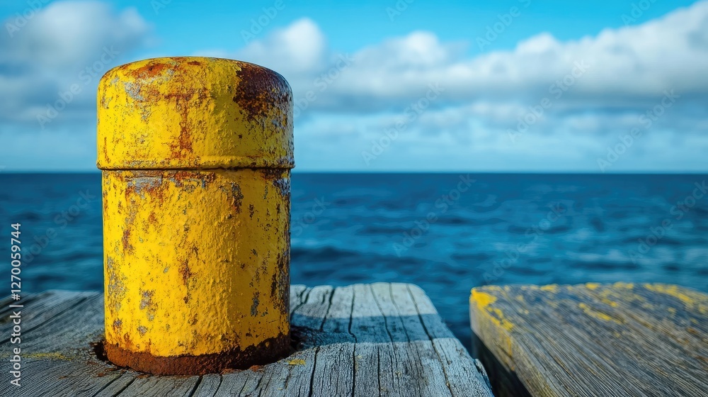 Naklejka premium A close-up of a rusted yellow bollard on a wooden dock, showing the worn texture of the metal against the backdrop of the ocean and blue skies.