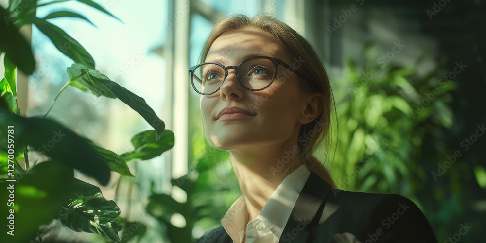 Smiling female scientist, dressed in a dark blazer and trousers, examines plants with glasses on. Smiling female scientist, dressed in a dark blazer and trousers, examines plants with glasses on.