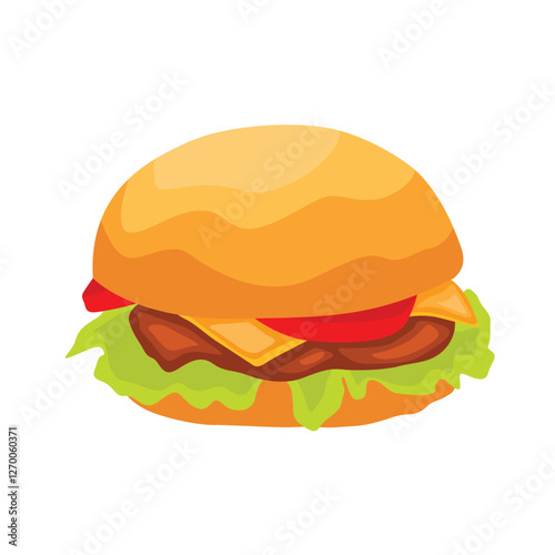 Vector illustration of hamburger in cartoon flat style. Burger or sandwich ingredients set. Cartoon restaurant food menu with tasty beef cutlet and chorizo bacon, slices of cheddar, and vegetables