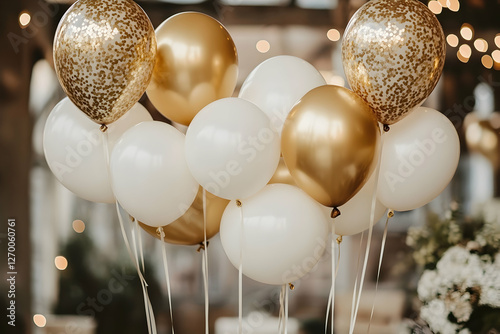 Obraz na płótnie Elegant mix of gold and white balloons for a chic and festive party celebration w salonie