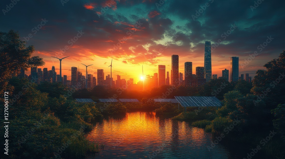 Sunset Over Modern Skyline Reflecting in River Under Colorful Sky in Urban Setting Sunset Over Modern Skyline Reflecting in River Under Colorful Sky in Urban Setting