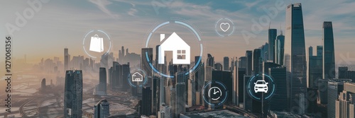 Wallpaper Mural Smart home icons over a futuristic city landscape view Torontodigital.ca