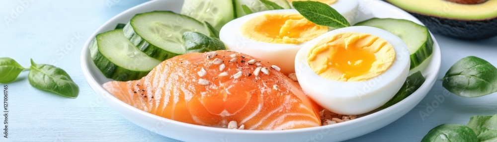 Discover a vibrant and healthy culinary delight with this stunning top-down view of a nutritious ketogenic meal with salmon, cucumbers, eggs, and avocado, perfect for a low-carb diet Ideal for weight Discover a vibrant and healthy culinary delight with this stunning top-down view of a nutritious ketogenic meal with salmon, cucumbers, eggs, and avocado, perfect for a low-carb diet Ideal for weight