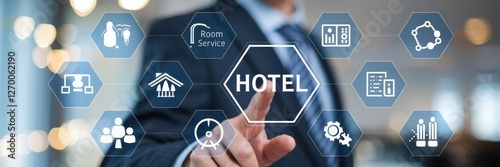 Business person touching a hotel services digital display interface